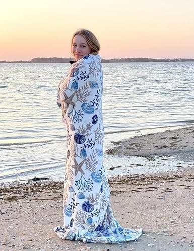 Coastal Ocean Beach Throw Blanket: Soft Plush Velvet Fleece Seashells Hues of Blue Grey on White Accent for Couch or Bed, Colored: Blue Gray Taupe White, 50" x 70" thumbnail 7