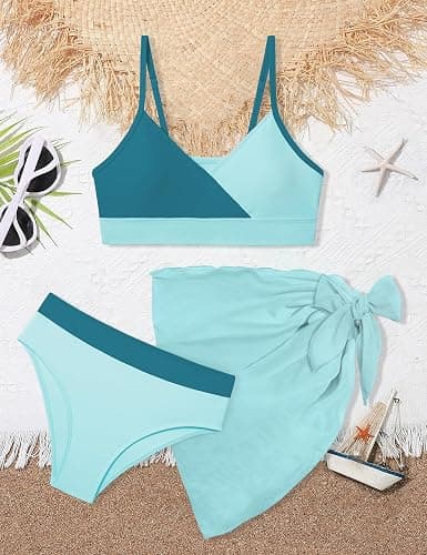 ADIFUN Girls Swimsuit V Neck Bikini Set Color Block with Cover Up 3Pcs Bathing Suits thumbnail 5
