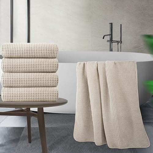 POLYTE Microfiber Oversize Quick Dry Lint Free Bath Towel, 60 x 30 in, 4 Pack (Beige, Waffle Weave) - Beige thumbnail 5