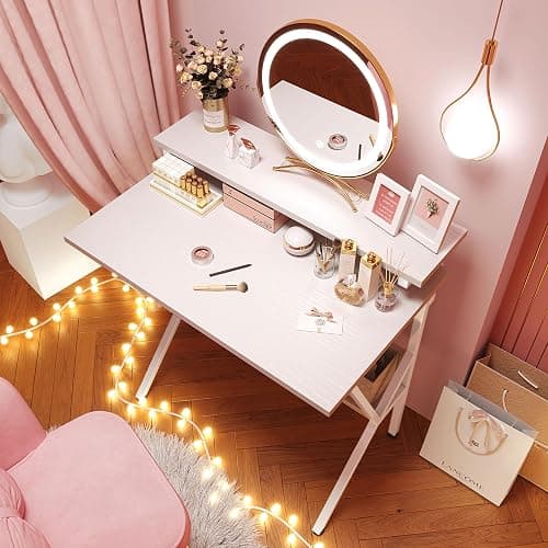 COTUBLR Small Desk, 27.5 Inch Small Computer Desk for Small Spaces, Computer Desk with Adjustable Monitor Stand, Compact Desk with Storage, Tiny Desk Study Desk for Bedroom Home Office, White thumbnail 6