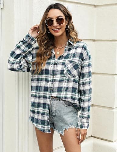 Megfie Oversized Flannel Plaid Button Down Shirt Long Sleeve Blouses thumbnail 3