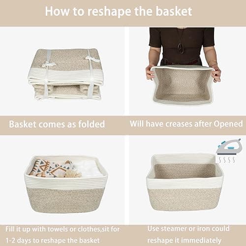 Cotton Rope storage Basket Bins Woven Basket for Organizing Shelves 15X10X9.3" Rectangle Decorative Baskets For storage Clothes Toys Books Towels Nursery basket organizer 3 pack white and brown thumbnail 7