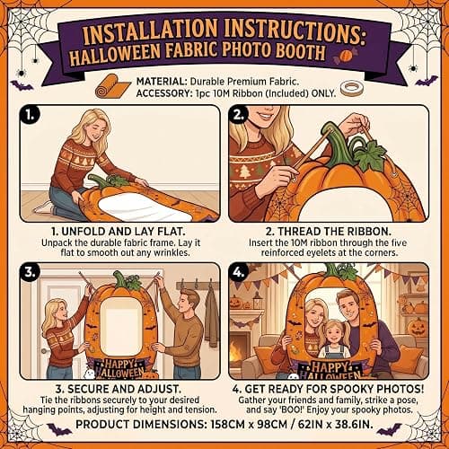 Giant Halloween Photo Booth Props 62x38.6 Inch, Pumpkin Picture Frame Cutout with 10M Ribbon, Happy Halloween Backdrop for Kids Trick or Treat Party Supplies Outdoor Indoor Decorations thumbnail 3