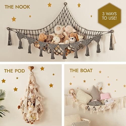 TIDYTEDS Macrame DreamLights Boho Stuffed Animal Storage Net Hammock Extra Large Plush Toy Storage Holder For Small Or Large Plushies BLACK thumbnail 4