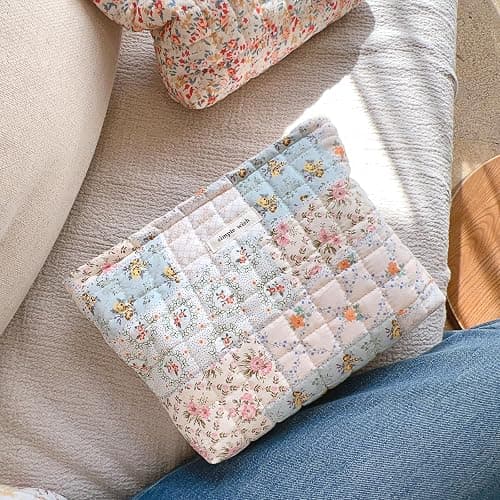 Sminra 2 Pieces Floral Makeup Bag, Cute Travel Quilted Pouch Cosmetic Bag Organizer, Small Cotton Coquette Aesthetic Purse Toiletry Bag for Women Girls accessories (Blue Flower-2PCS) - Blue Flower-2PCS thumbnail 5