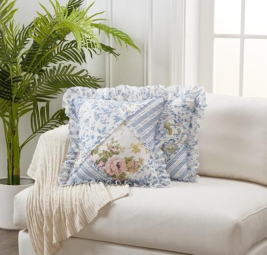 Brilliant Sunshine Blue Rose Patchwork Ruffle Pillowshams, Quilted Decorative Pillow Covers Set, Square Throw Cushion Cases for Couch, Reclining Chair, Car, Bed, 18x18, Pack of 2, Blue Rose thumbnail 2