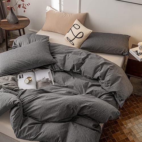 Janlive Washed Cotton Duvet Cover Full Ultra Soft 100% Cotton Solid Color Gray Duvet Cover Set with Zipper Closure -3 Pieces Grey Full thumbnail 3