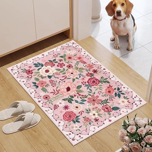 DUKINO 2x3 Rugs for Entryway, Floral Indoor Washable Door Mat, Non Slip Boho Small Rug for Kitchen, Soft Low Pile, Front Door Throw Rug for Entrance, Bedroom, Kitchen, Laundry, Bathroom, Pink thumbnail 2