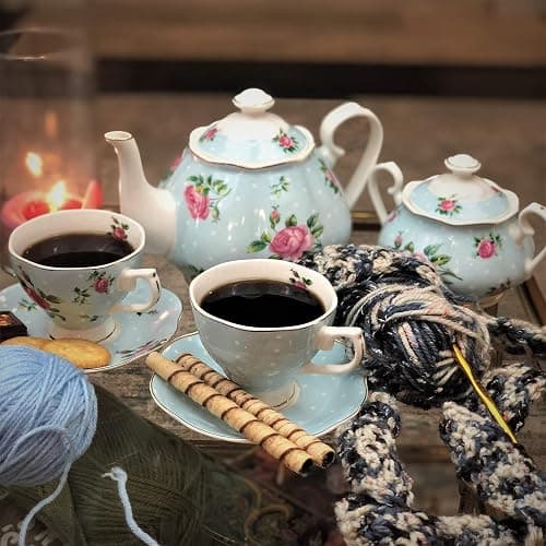 BTaT- Floral Tea Sets for Adults, 13 pcs, Service for 4, Pot (38 oz) & Cups (8 oz) with Saucers, Pastel Blue Floral Design, Porcelain Tea Set for Adult, Dishwasher Safe, Mothers Day Gift thumbnail 8