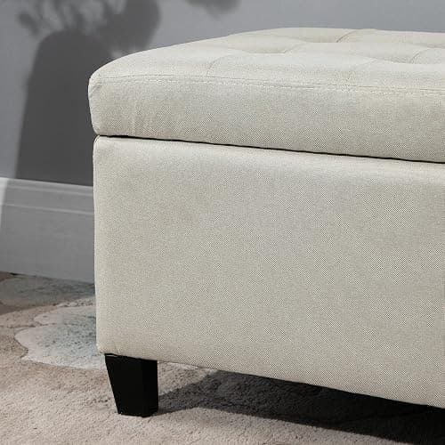 HOMCOM Large 50" Rectangular Storage Ottoman Bench, Tufted Upholstered Linen Fabric Wood Feet Entry Bench, Contemporary Home Decor Beige thumbnail 9