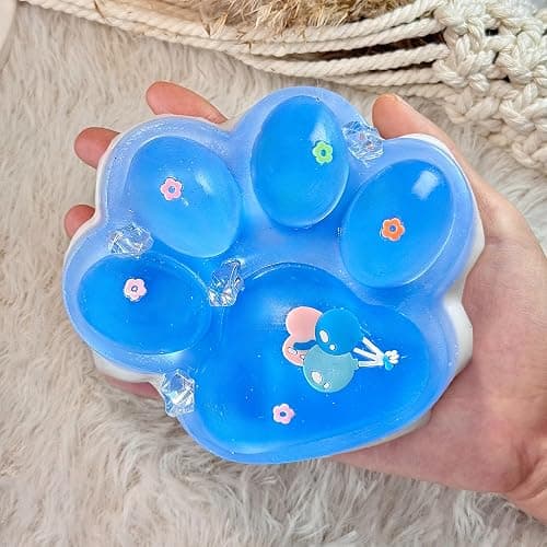 Pawfect Tail Big Taba Squishy Cat Paw, 5 in Large Paw Squeeze Toy Glittering Blue & White for Stress Relief and Relax, Sticky Squishies Fidget Toys for Party Favors Novelty Things Birthday Gift - Image 1