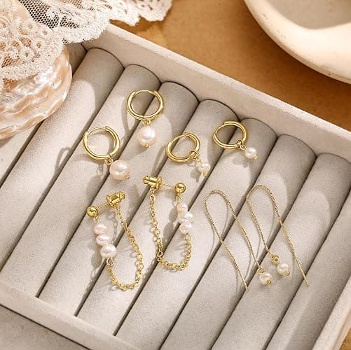 Moodear Gold Earrings for Women No Tarnish - Trendy 14K Gold Plated Pearl Hoop Studs Chain Earrings Stacks for Women Wedding Jewelry Gift thumbnail 6
