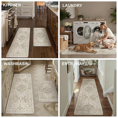 WondRg Neutral Kitchen Mats 2PCS Anti Fatigue Mat for Cushioned Brown Vintage Kitchen Mats for Floor Waterproof Non-Slip Comfort Standing Rug for Sink Laundry Office 17.3"×47"+17.3"×30" thumbnail 5