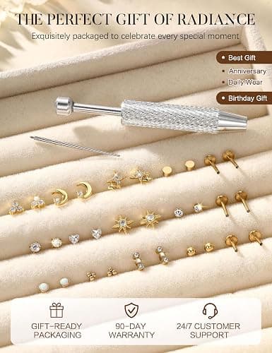 Drperfect 16G 18G Flat Back Stud Earrings for Women | Hypoallergenic Surgical Steel Internal Thread Stud Piercing Jewelry for Tragus Helix Cartilage Conch Nose Lip Medusa Piercing thumbnail 8