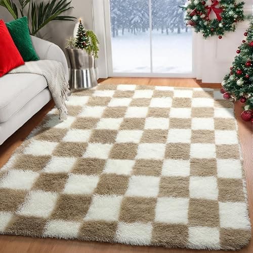 KICMOR Area Rugs for Bedroom Living Room, 4x6 Fluffy Soft Beige and Cream White Checkered Rug Fuzzy Shag Shaggy Carpet, Indoor Plush Rugs for Kids Boys Girls Dorm Nursery Office Home Decor Aesthetic thumbnail 9