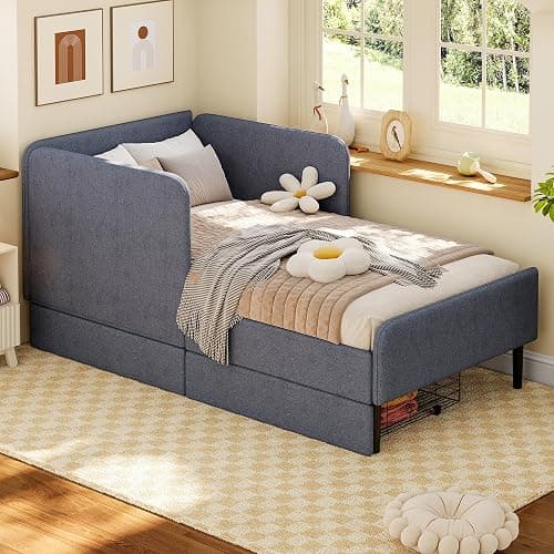 Ailisite Twin Size Corner Bed Frame with 2 Storage Drawers, Twin Size Daybed with Extended Headboard, Upholstered 2-in-One Multifuntion Bed Frame with Guardrails,Modern Bed Frame,Light Grey thumbnail 2