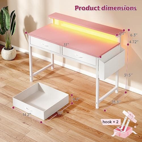 DurayLoly 31Inch Small Computer Desk with LED Lights & 2 Fabric Drawers, Gaming Desk with Side Pocket & Ergonomic Monitor Stand, Small Space Study Writing Table with Anti-Tip Design,Pink thumbnail 4