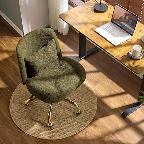 VINGLI Wide Criss Cross Legged Office Chair,Buttprint Ergonomic Desk Chair Comfy with Pillow&Gold Base,Dual-Use with/no Wheels,Adjustable Vanity Swivel Chair for Bedroom,Home Office,Teddy Fleece,Green thumbnail 2