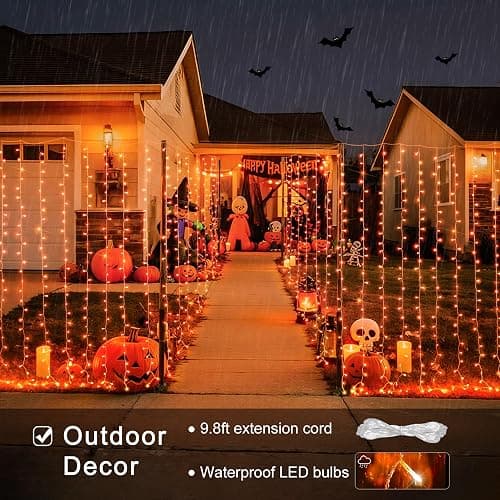 JMEXSUSS 300LED Orange Halloween Lights with Remote, 9.8x9.8ft Halloween Curtain Light, 8 Modes Orange Hanging String Lights Plug in for Fall Bedroom Thanksgiving Window Party Indoor Outdoor Decor thumbnail 5