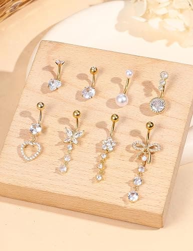 FIASASO 8 Pcs Belly Button Ring Dangle Hypoallergenic Surgical Stainless Steel Belly Rings for Women CZ Pearl Heart Butterfly Bow Flower Navel Piercing Jewelry Dangly Curved Navel Ring thumbnail 3