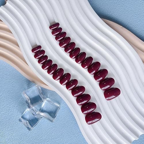 Wine Red Press On Nails Short Oval,KQueenest Thick Acrylic Nails Press Ons,Short Almond Nails Glue on,Natural Round Fake Nails,Burgundy One Color Gel Stick On Nails Set For Tiny Average Wide Nail Beds thumbnail 4