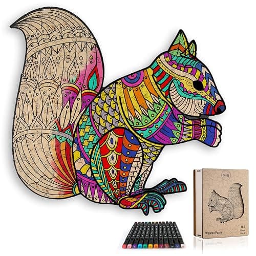 Squirrel Mandala Coloring Jigsaw Puzzles for Adults - 2-in-1 Adult Puzzles & Coloring Set, Challenging Wooden Puzzle for Adults & Family Quality Time, Includes 12 Acrylic Markers for Creative Fun - Squirrel Mandala - Image 1