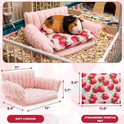 KAYCOWZA Guinea Pig Bed, Washable Fleece Pink Small Pet Cage Accessories | Strawberry Cozy Small Animal Sofa Couch for Guinea Pig, Bunny, Chinchilla, Hamster, Ferret, Hedgehog thumbnail 2