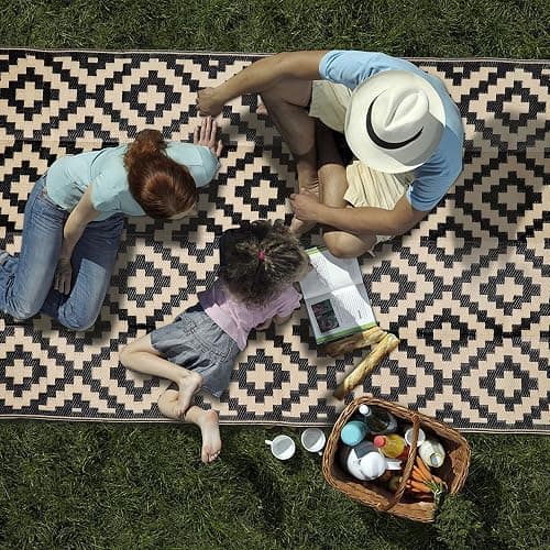 SAND MINE Waterproof Outdoor Rug 5x8 ft, Plastic Reversible Rug, Modern Area Rug, Large Floor Mat for Outdoors, RV, Patio, Backyard, Deck, Picnic, Beach, Camping, Black & Beige thumbnail 6