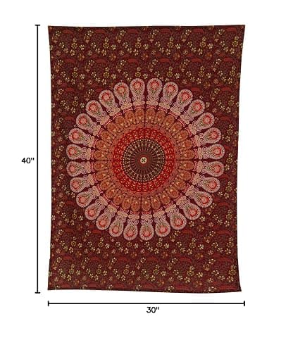 Bless International Handmade Indian hippie Bohemian Psychedelic Peacock Mandala Wall hanging College Dorm Beach Throws Table Cloth Bedding Tapestry (Maroon Yellow, Poster(30x40Inches)(76x101cms)) thumbnail 2
