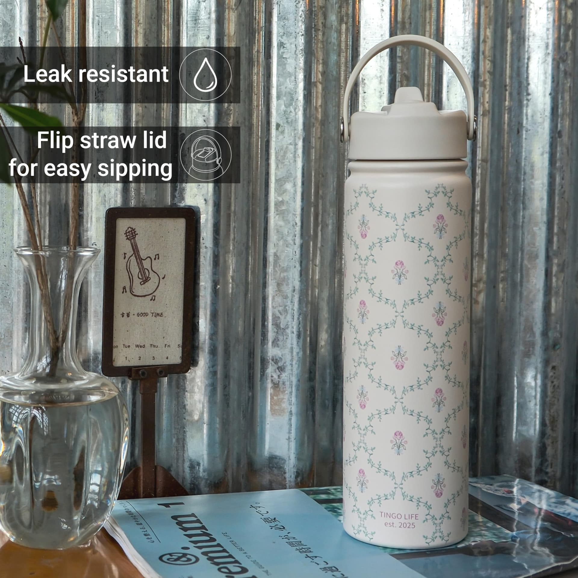 750ml Stainless Steel Insulated Tumbler with Handle and Straw Lid - Vintage Victorian Vine Design - Cream White Vacuum Water Bottle, Leakproof, Gifts for Women Girls thumbnail 4