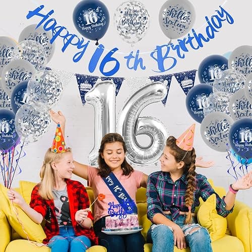 16th Birthday Decorations for Boys - Blue and Silver Birthday Decorations Pennant Happy Birthday Banner 12 Inch Latex Balloon Sash Cake Topper Confetti for 16 Years Old Birthday Party Supplies - 16th Blue and Silver Balloons thumbnail 5
