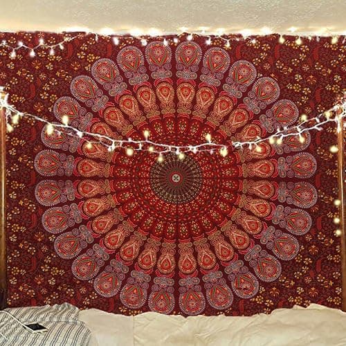 Bless International Handmade Indian hippie Bohemian Psychedelic Peacock Mandala Wall hanging College Dorm Beach Throws Table Cloth Bedding Tapestry (Maroon Yellow, Medium(54x60Inches)(137x152cms)) thumbnail 6