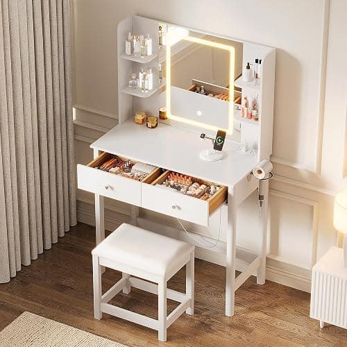 ProsperHaven Vanity Desk with Mirror and LED Lights, Small Makeup Vanity Table Set with Drawers and Chair, Dressing Table with Power Outlet for Girls Bedroom, White thumbnail 3