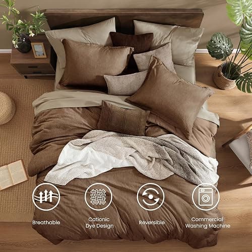 Monbix Queen Comforter Set - 7 Pieces Cationic Dyeing Brown Bed in a Bag Queen Bedding Sets with Comforter, Sheets, Pillowcases & Shams, Reversible Bedding Comforters Sets thumbnail 2