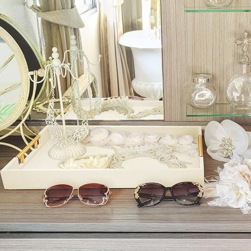 ATZYmolin 17" x 12" Wood Serving Tray with Gold Polished Metal Handles, Home Decorative Wooden Rectangle Ottoman Leather Decor Platter Bathroom Vanity Tray for All Occasions White thumbnail 6