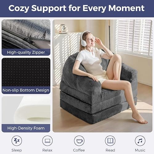 MAXYOYO Folding Sofa Bed with Backrest, Boneless Fold Out Couch Bed with Handle, 2 in 1 Convertible Bean Bag Chair to Floor Sofa Lounger, Comfy Folding Couch for Bedroom & Living Room, Dark Grey thumbnail 6
