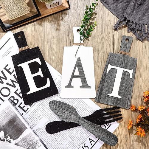 Jetec Cutting Board Eat Sign Set Hanging Art Kitchen Eat Sign Fork and Spoon Wall Decor Rustic Primitive Country Farmhouse Kitchen Decor for Home Decoration(Black, White, Gray) thumbnail 7