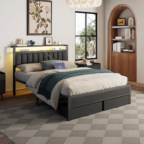Furnulem Queen Bed Frame with Charging Station and LED Lights, Grey Upholstered Headboard with Shelves, Metal Platform Bed with 2 Under-Bed Storage (Fabric Drawer on Wheels), No Box Spring Needed thumbnail 6