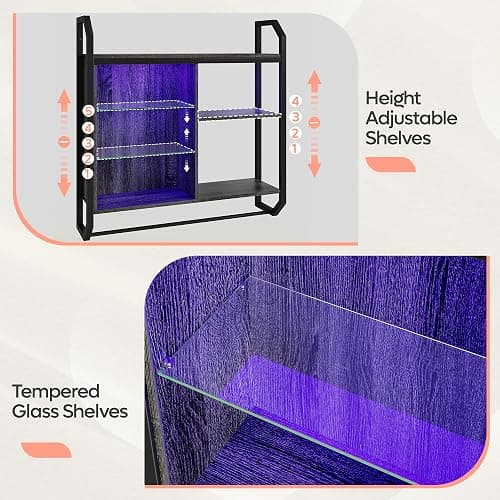 Bestier Gaming Floating Shelves, 34" LED Wall Mounted Shelf with Adjustable Glass Shelf, Pipe Shelves Hanging Display Rack Bookshelf with 6 S-Hook, Gaming Room Decor Wine Coffee Bar Black thumbnail 2