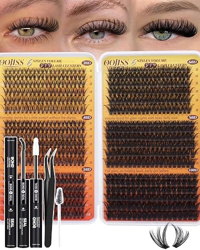 Wispy Lash Clusters Kit 708pcs Eyelash Clusters 30D 40D 50D 60D 80D 100D | Fluffy Cluster Eyelash Extensions Kit 9-16mm Spiky Individual Lashes CD-Curly DIY with Lash Bond and Seal by OOjiss - Image 1