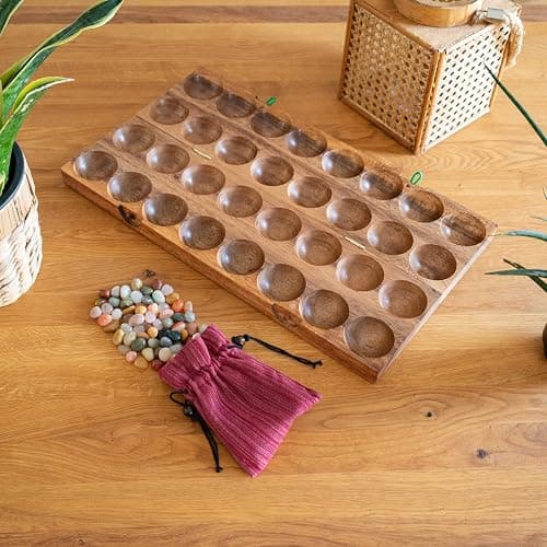 LOGOPLAY Hus - Bao - Kalaha - Mancala - Steinchenspiel - Edelsteinspiel aus Samena-Holz inkl. Edelsteinen - Schlaufenverschluss thumbnail 2