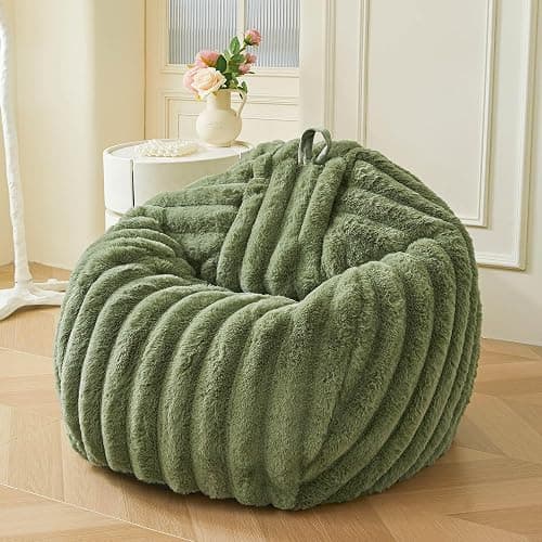 MEGO Kids Fluffy Faux Rabbit Fur Bean Bag Chair Cover(No Filler), Cozy Moss Plush Shaggy Striped Stuffed Animal Storage Bean Bag, Fuzzy Ribbed Beanbag Cover Kids Girls Teens Adult, Sage Green - Image 1