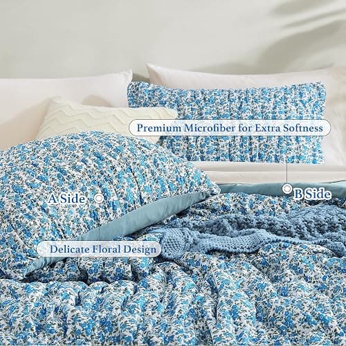 BLOOMHAVEN Queen Comforter Set - 7 Pieces Blue Classic Puff Floral Bedding Sets for All Seasons, Shabby Chic Farmhouse Bed in a Bag Queen with Wildflowers Fluffy Comforter, Sheets, Pillowcases & Shams thumbnail 6