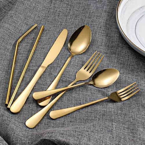 Gutuwellea 84 Pieces Gold Silverware Service for 12 Flatware Set Stainless Steel Utensils Cutlery Set Dishwasher Safe Flatware (Gold, 84) thumbnail 5
