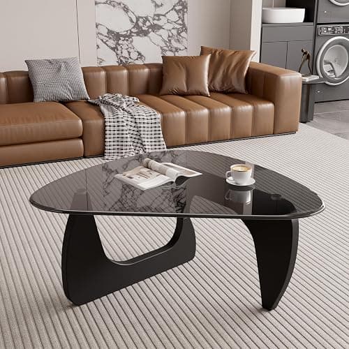 Daluvenix Modern Glass Coffee Table, Triangle Center Table with Tempered Glass Top& Unique Wooden Base, 42.5” Mid Century Tea Tables for Living Room, Apartment, Office,Black & Grey - Image 1