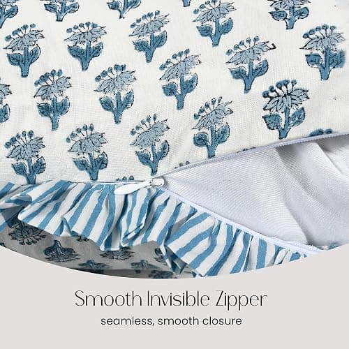 CPC Apatite Blue 100% Cotton Block Print Ruffle Sham Cover 14x36 inch, Handmade Boho Floral Pillowcase, Farmhouse Cottagecore Bedding, Soft Decorative Cushion Cover for Bedroom Décor thumbnail 3