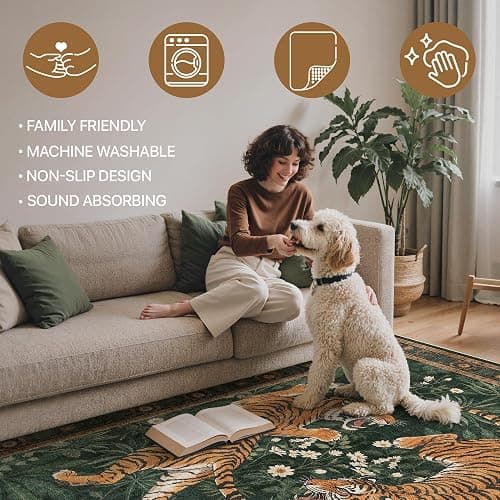 Bavni 5x7 Tiger Print Washable Area Rugs for Living Room Bedroom Non Slip | Vintage Oriental Boho Soft Thin Stain Resistant Low Pile, Botanical Forest Green Animal Carpet for Dining Room Nursery Office thumbnail 7