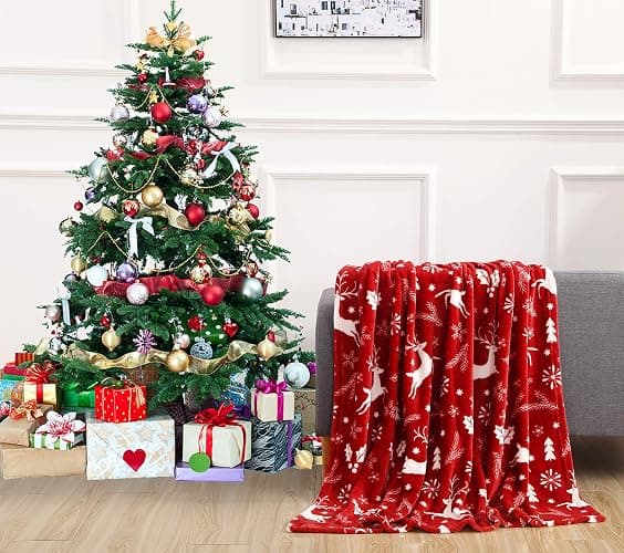Elegant Comfort Luxury Velvet Super Soft Christmas Prints Fleece Blanket-Holiday Theme Home Décor Fuzzy Warm and Cozy Throws for Winter Bedding, Couch and Gift, 50 x 60 inch, Burgundy Reindeer thumbnail 2