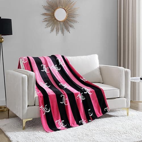 Juicy Couture Cabana Plush Hot Pink Striped 50"X70" Fuzzy Throw Blanket - Luxurious Microfiber Plush Blanket for Ultimate Comfort and Cozy Warmth - Image 1