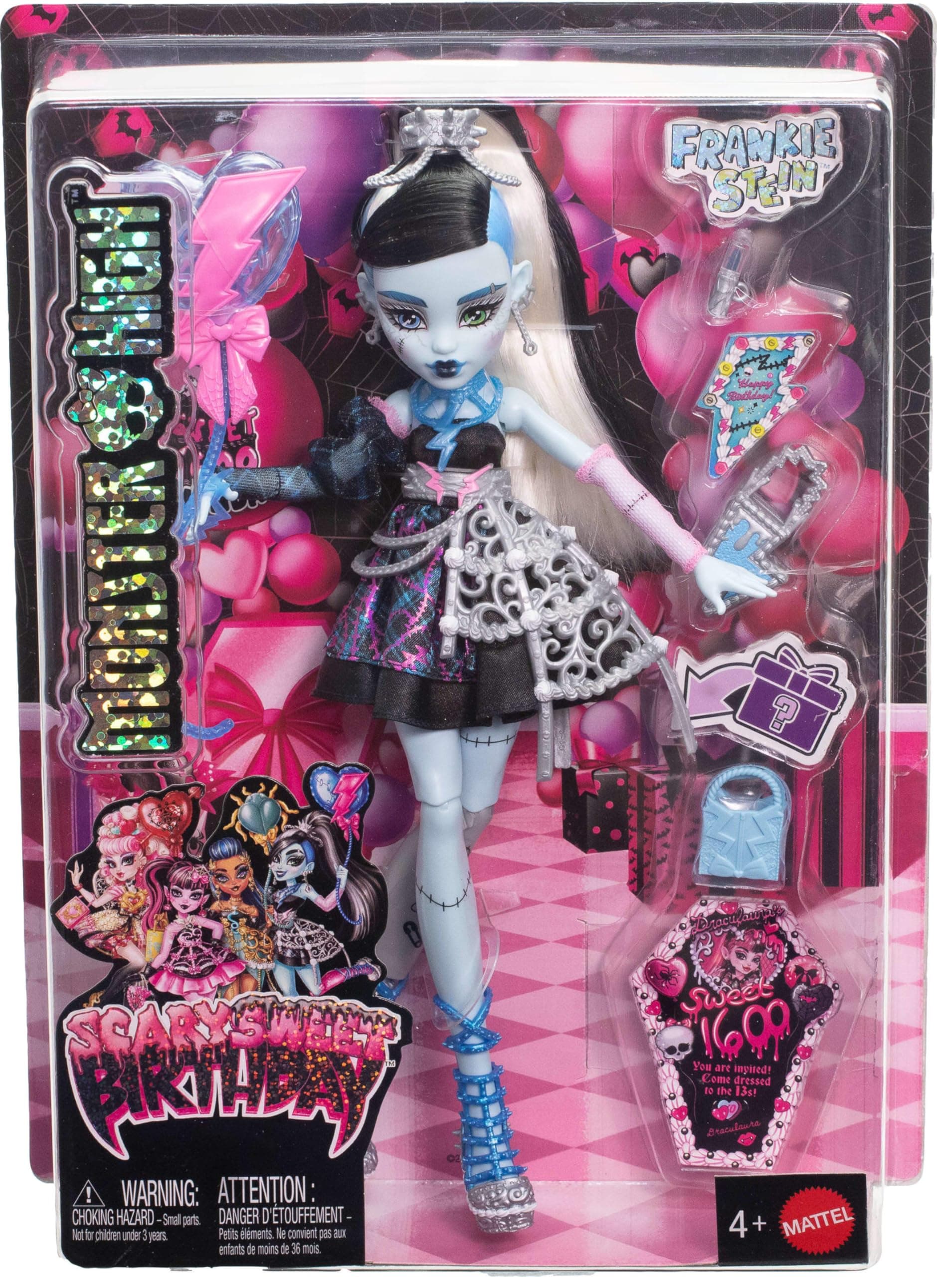 Monster High Scary Sweet Birthday Doll, Frankie Stein in Black Party Dress with Themed Accessories Like Invite, Balloon, Toy, Lipstick and More thumbnail 6
